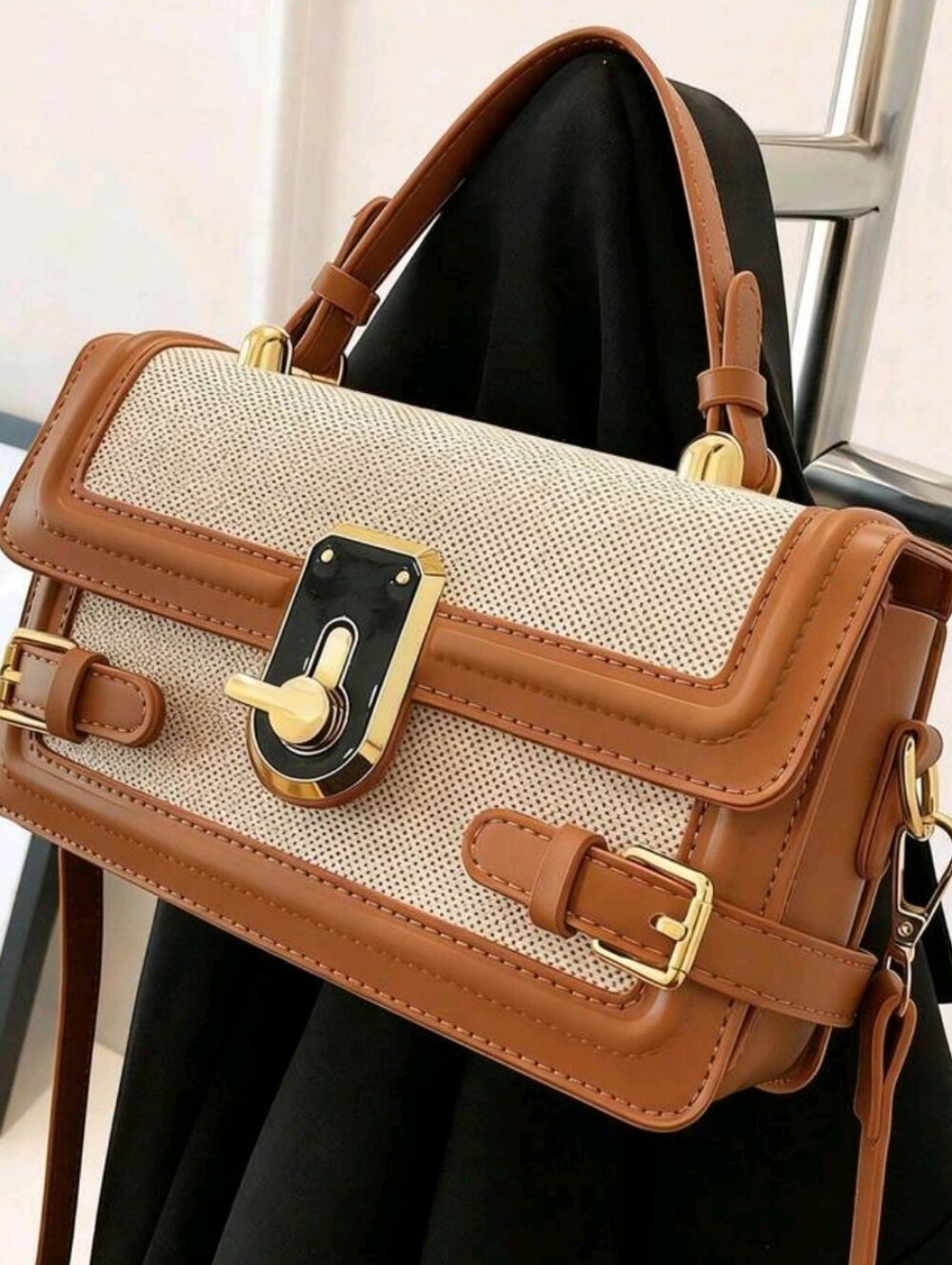Tan & Cream Structured Top-Handle Bag with Gold Hardware